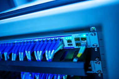 Verimli veri yönetimi için hayati önem taşıyan karmaşık ağ altyapısını gösteren, modern bir veri merkezindeki mavi ışıklı kablo bağlantılarının yakın plan görüntüsü.