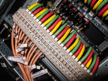 Bir kontrol panelinde renk kodlu elektrik kablolarının ayrıntılı yakın çekimi, optimal performans ve güvenlik için organize bağlantılar ve ekipmanlar gösteriliyor.
