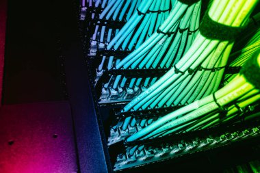 Sunucu rafında düzenlenmiş renkli ağ kablolarının ayrıntılı görünümü. Parlak LED ışıklandırma, estetik, modern teknoloji ve bağlantı sistemlerini geliştirir..