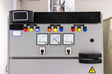 Bir tesiste izleme ve operasyonel denetim için çeşitli göstergelerin ve düğmelerin yer aldığı endüstriyel kontrol panelinin ayrıntılı bir görüntüsü.