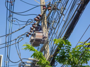 Yeşil yapraklarla çevrili parlak mavi gökyüzüne karşı elektrik kablolarının ve trafonun yakın görüntüsü. Bu resim kentsel elektrik altyapısını vurgular.