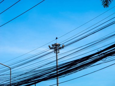Açık mavi gökyüzünü geçen elektrik hatlarının çarpıcı görüntüsü, doğanın ve altyapının kesişimini temsil eden, lamba direğine tünemiş yalnız bir kuş..