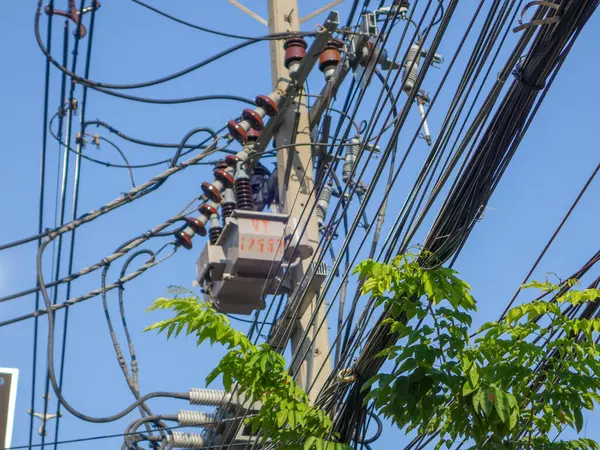 Yeşil yapraklarla çevrili parlak mavi gökyüzüne karşı elektrik kablolarının ve trafonun yakın görüntüsü. Bu resim kentsel elektrik altyapısını vurgular.