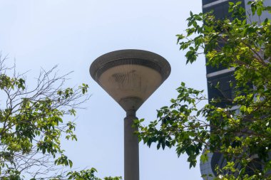 Modern bir sokak lambası açık bir gökyüzünün altında canlı yeşil yaprakların arasında duruyor. Bu görüntü, doğayla uyum içinde şehir mimarisini yakalar..