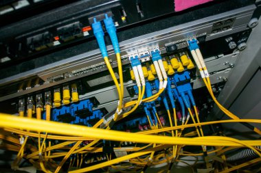 Fiber optik ağ bağlantılarının detaylı bir görüntüsü, teknoloji ortamlarında yüksek hızlı veri transferi için gerekli olan kablo ve konnektörlerin canlı bir düzenini gösteriyor.