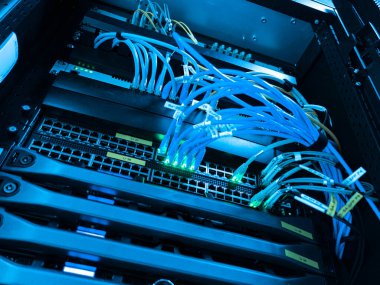 Mavi kabloları ve aydınlatılmış bağlantıları gösteren bir ağ sunucu rafının ayrıntılı bir görüntüsü. Bu resim, veri yönetiminde kullanılan modern bilişim altyapısını ve teknolojisini betimliyor.
