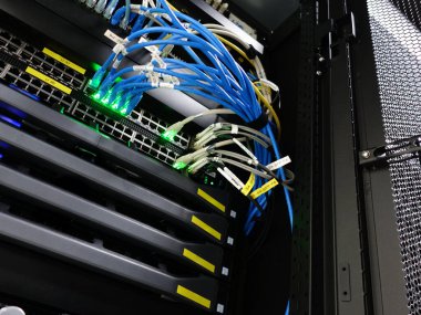 Bir veri merkezinde sunucuları birbirine bağlayan ağ kablolarının ayrıntılı görünümü, teknoloji altyapısının organize kurulum ve canlı renklerini gözler önüne seriyor.