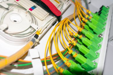 Ağ donanımı içindeki fiber optik kablo bağlantılarının yakın görüntüsü, verimli veri transferi için karmaşık tasarım ve temel bileşenleri göstermektedir.