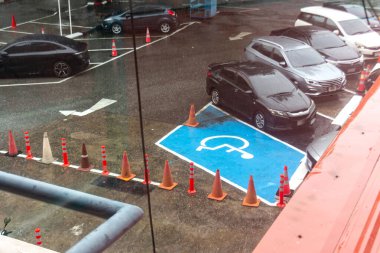 Koni ve araçlarla çevrili iyi işaretlenmiş erişilebilir bir park yeri gösteriliyor. Olay yeri, kentsel park tasarımları ve erişim standartlarına uyumu vurguluyor.