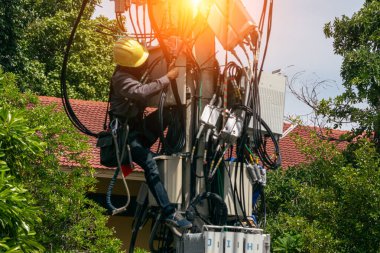 Açık hava ortamında elektrik teçhizatının bakımını üstlenen yetenekli bir teknisyen teknoloji ve doğanın bir karışımını sergiliyor..
