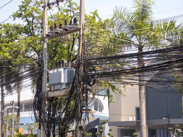 Canlı bir şehir sahnesi. Tepemde dolanan elektrik hatları ile gür palmiye ağaçları birbirine dolanmış. Bu resim modern bir şehir manzarasında teknoloji ve doğanın karışımını yakalar..