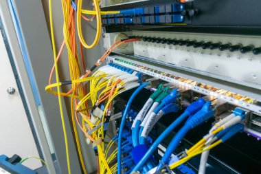 Bir sunucu rafı içindeki ağ kablolarının ve fiber optiklerin yakın plan görüntüsü, verimli veri yönetimi ve iletişim için organize bağlantıları ve canlı renkleri gösterir.