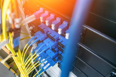 Bir veri rafına bağlı fiber optik kabloların yakın plan görüntüsü modern telekomünikasyon teknolojisinin karmaşık kurulumunu ve organizasyonunu gözler önüne seriyor..