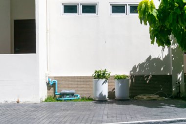 Temiz ve parlak bir dış görünüş. Bitkilerin, su tesisatının ve minimalist bir tasarımın olduğu. Modern yaşam ve açık hava estetiği kavramları için mükemmel..