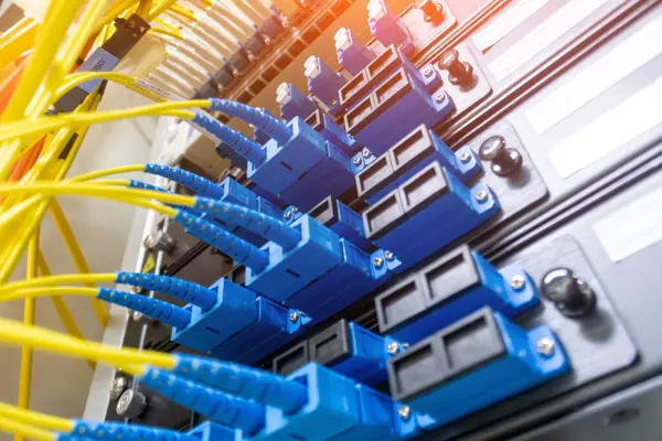 Ağ ekipmanlarına bağlı fiber optik kabloların detaylı görünümü, yapılandırılmış bir ortamda modern veri aktarım teknolojisini gösteriyor.