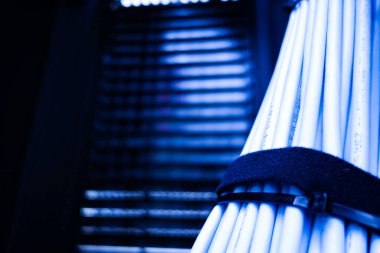 Soyut bir arkaplan karşısında paketli mavi kabloların yakın plan görüntüsü, modern teknoloji ortamında ışık ve gölgenin etkileşimini vurguluyor.