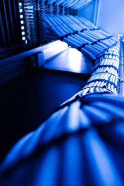 Bir sunucu odasında modern teknoloji ve verimli veri aktarım tasarımı sergilenen mavi ağ kablolarının yakın plan görüntüsü.