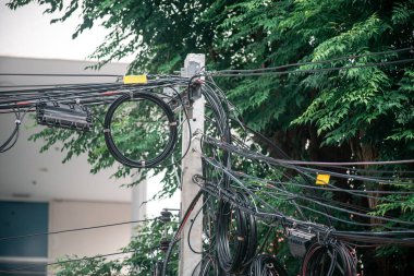 Kentsel hizmet direğinde elektrik kablolarının karmaşık bir düzenlenmesi, teknoloji ve doğanın yemyeşil yapraklarla harmanlanması sergileniyor..