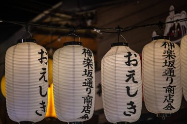 Geleneksel Japon fenerlerinin gece pazarında asılı olması büyüleyici bir gösteri. Kültürel keşifler için mükemmel canlı ve şenlikli bir atmosfer yaratıyor..