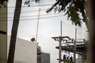 Ağaçların çevrelediği vinç ve elektrik hatlarının yer aldığı kentsel bir şantiye manzarası. Görüntü şehir gelişiminin özünü yakalıyor..
