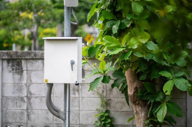 Beton bir duvarla çevrili yemyeşil bir ağacın yanında duran beyaz bir alet kutusu. Bu görüntü doğa ve teknolojinin bir karışımını açık hava ortamında yakalar..