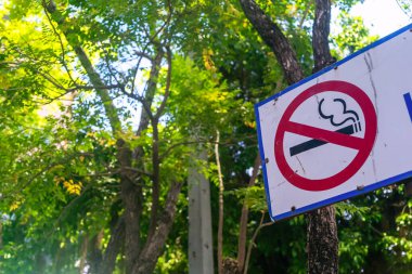 Temiz havanın ve halka açık alanlarda sağlıklı yaşamanın önemini vurgulayan, yemyeşil ağaçların arasında belirgin bir şekilde sigara içilmez işareti..