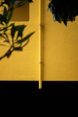 Koyu bir gölgeye karşı dikey bir borunun yer aldığı parlak sarı bir duvarın minimalist görüntüsü. Kontrastta doku ve biçim vurgulanıyor, kentsel tasarım hissi uyandırıyor.