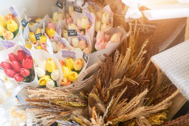 Discover a beautiful display of fresh flower bouquets featuring vibrant colors and textures, perfect for any occasion or decoration need.