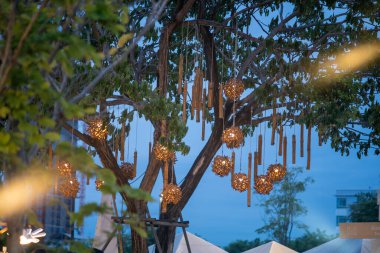 A tranquil scene featuring beautifully illuminated lights hanging from tree branches, creating a warm and serene atmosphere for evening gatherings or celebrations.