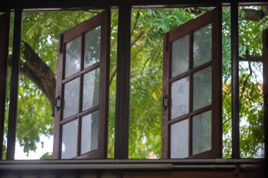 Captivating rustic wooden windows open to a lush greenery view, inviting natural light and a sense of tranquility into the interior space.
