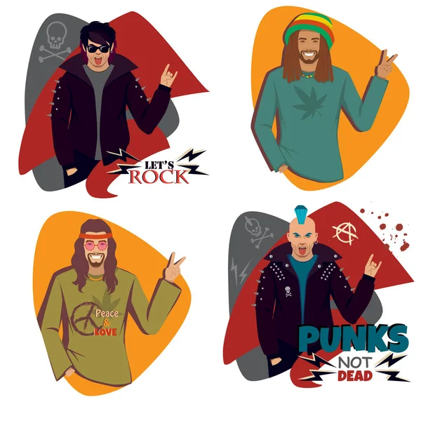 Set People Different Subcultures Punk Emo Grunge Rock Hipster Goth — Stock Vector