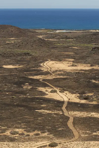 Volkanik arazide denize doğru yürüyen yürüyüşçülerin hava tarzı fotoğrafı. Sahne, sert ortamlar arasında ölçek, uçurum, izolasyon ve ilerlemeyi vurguluyor.