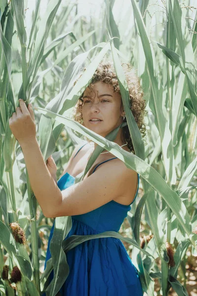 Woman Green Leaves Corn Field Sunny Day — Fotografia de Stock