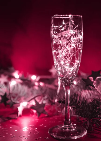 Bicchiere Champagne Wiyth Luci Natale — Foto Stock