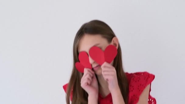 Slow Motion Video Girl Holding Paper Hearts Valentines Day Concept — Stock Video