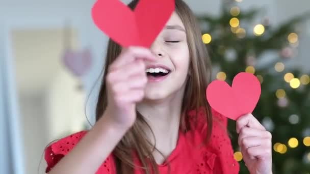 Slow Motion Video Girl Holding Paper Hearts Valentines Day Concept — Stock Video