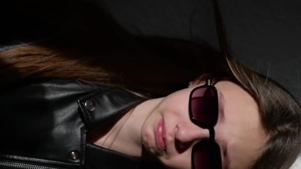Girl Leather Jacket Sunglasses Upset Child — Stock video