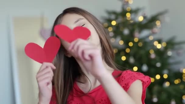 Slow Motion Video Cute Teenager Holding Paper Hearts Valentines Day — Video Stock