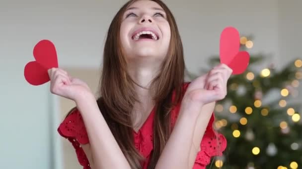 Slow Motion Video Girl Holding Paper Hearts Valentines Day Concept — Vídeos de Stock