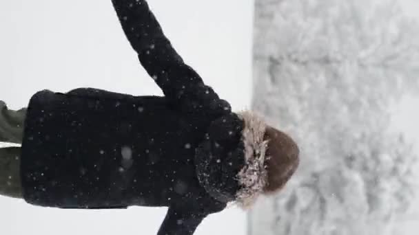 Happy Teenager Enjoying Snowfall Girl Spinning Snow Catching Snow — 비디오