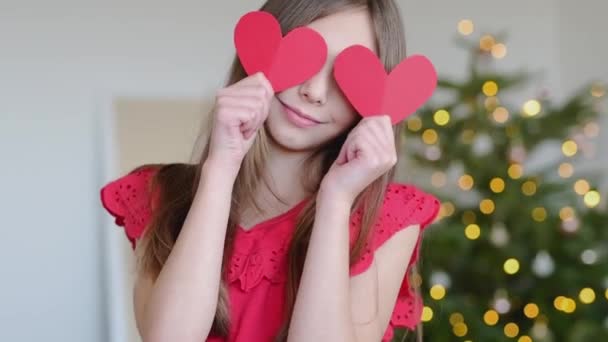 Slow Motion Video Girl Holding Paper Hearts Valentines Day Concept — Video