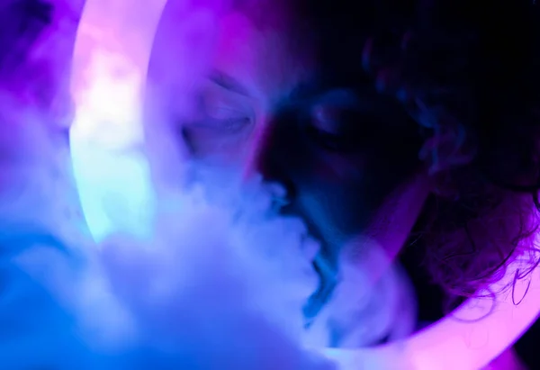 Blurred Portrait Woman Smoke Neon Light — Stock Photo, Image