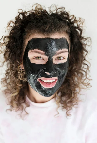 Woman Black Facial Mask Home — Stock Photo, Image