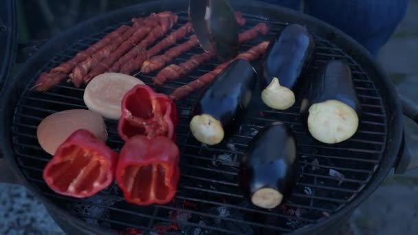 Барбекю Овощи Мясо Открытая Кухня — стоковое видео