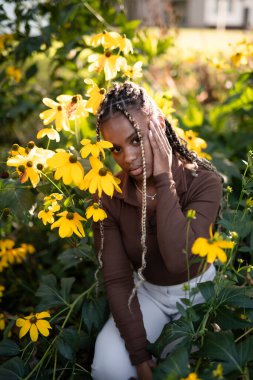 Çayırda uzun örgüleri olan güzel Afro-Amerikan kadının portresi.