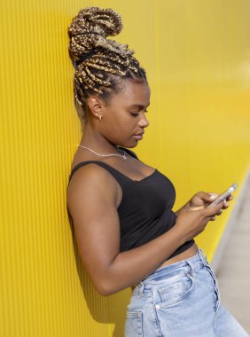 Sarı arka planda uzun örgülü güzel Afro-Amerikan bir kadının portresi.