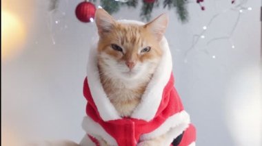 Evcil sevimli kırmızı kedi, Noel Baba. Noel kedisi. Şapka kafada. tatil kedisi. 4K