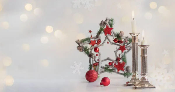 Julebakgrunn Lysene Står Lysestake Banner Kopieringsareal – stockfoto