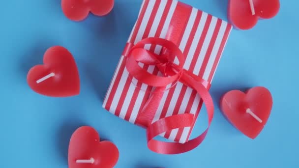 Valentine Day Greeting Banner Gift Blue Background Red Heart Candles — Stockvideo