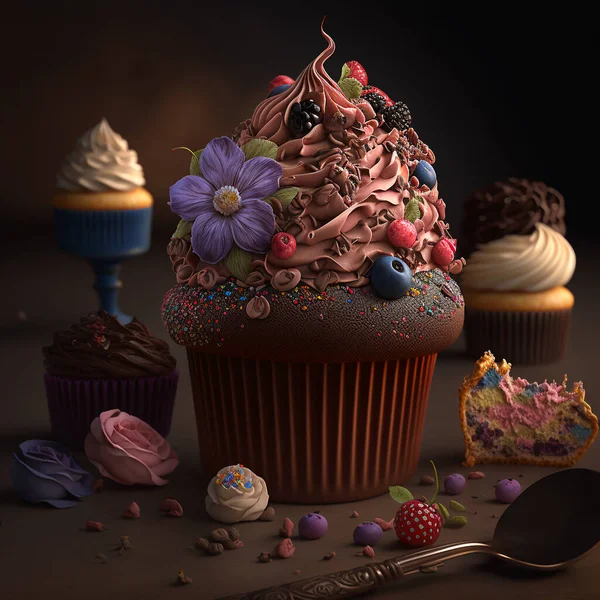 cake cream. Chocolate cupcake with chocolate cream, berries and decorated with a flower. illustration. 3D image, 3D rendering